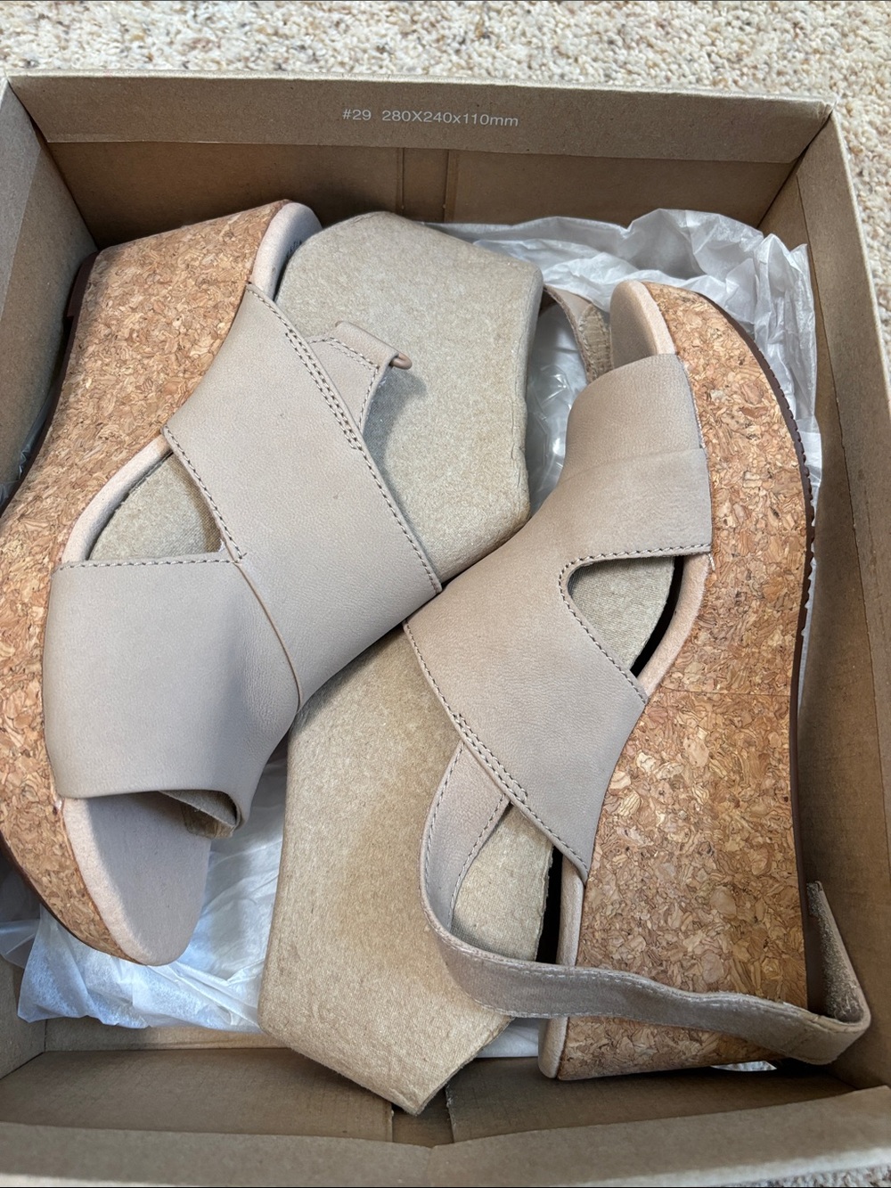 Clarks Taupe Leather Cork Wedge Sandals